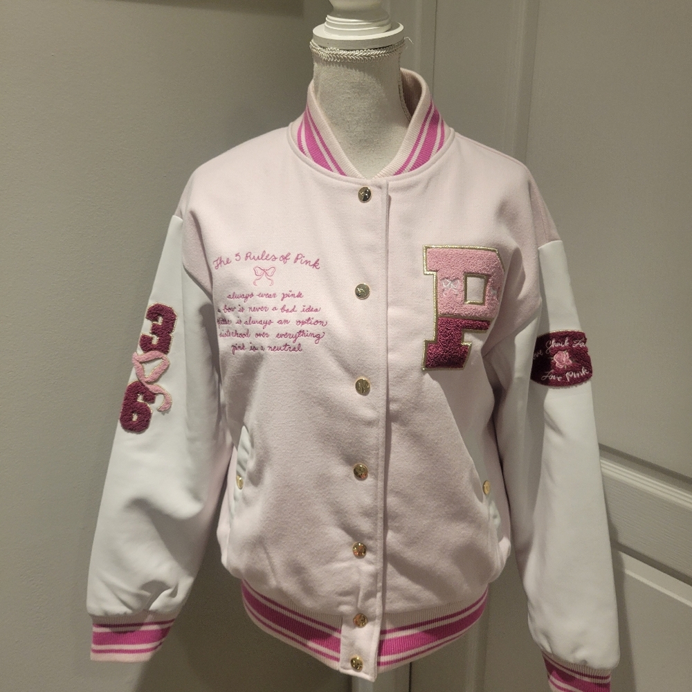 VS PINK × LOVESHACKFANCY COLLAB RE-ISSUED BOYFRIEND VARSITY JACKET - Picture 8 of 13